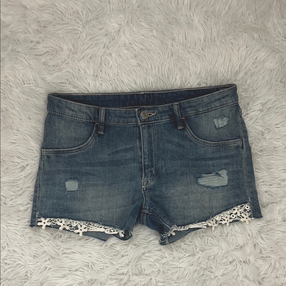 Girls Blue Denim Shorts with White Lace Trim